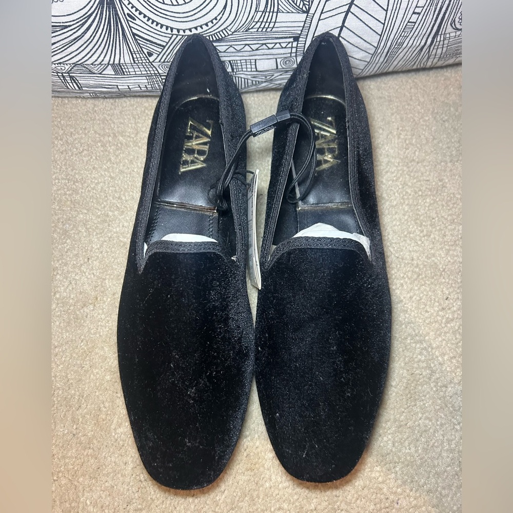 NWT ZARA Black Velvet Square Toe Flat Loafers - Picture 3 of 8